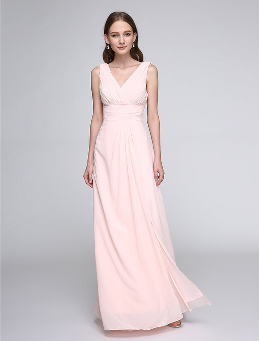 Sheath / Column Bridesmaid Dress V Neck Sleeveless Elegant Floor Length Chiffon with Criss Cross / Ruched