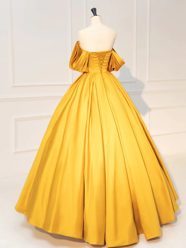 Yellow Off Shoulder Satin Long Prom Dress