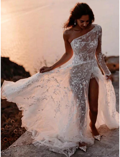 Beach Sexy Boho Wedding Dresses A-Line One Shoulder Long Sleeve Sweep / Brush Train Lace Bridal Gowns With Split Front Summer Wedding Party