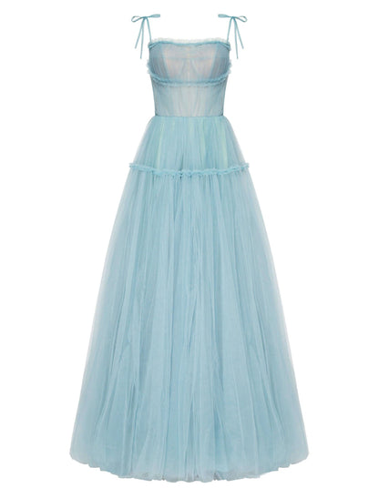 A-Line Prom Dresses Elegant Dress Wedding Guest Prom Floor Length Sleeveless Spaghetti Strap Tulle with Pleats Ruffles