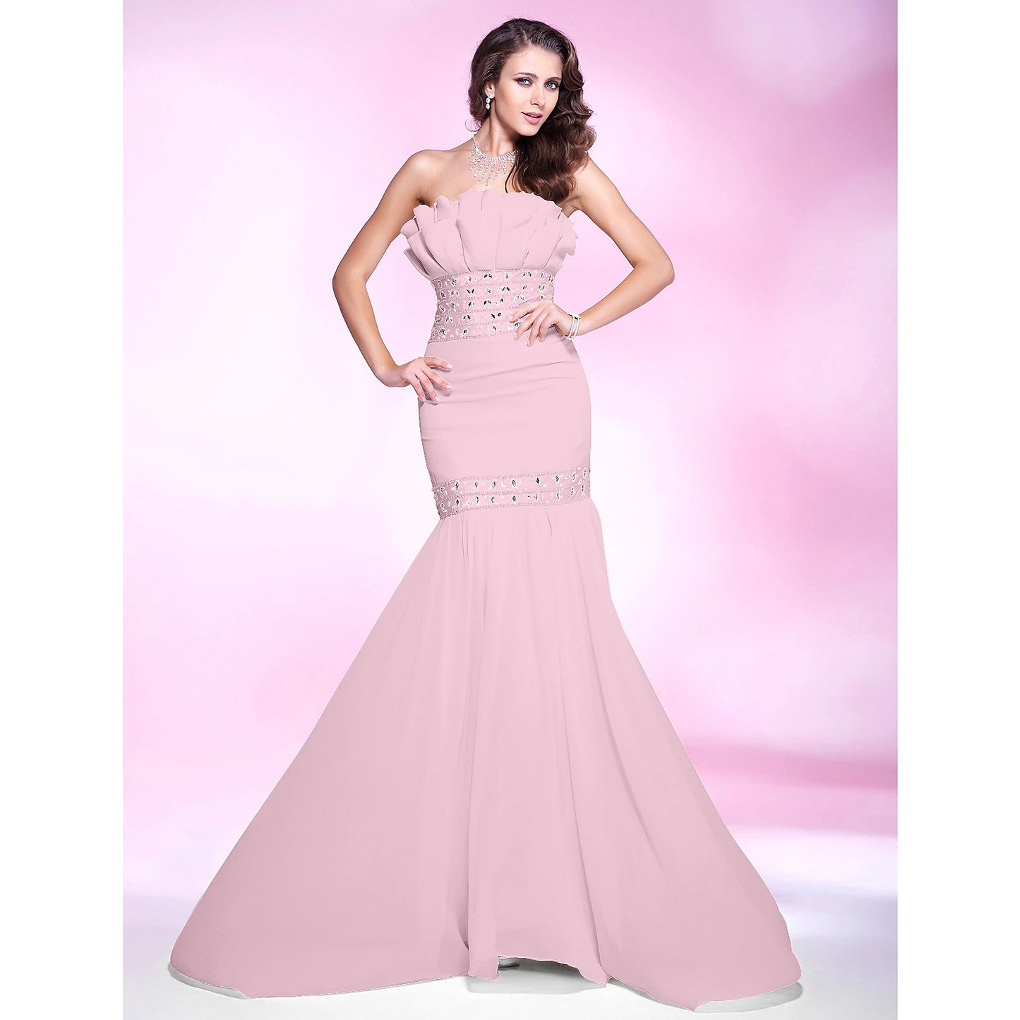 Mermaid / Trumpet Elegant Engagement Formal Evening Dress Strapless Sleeveless Sweep / Brush Train Chiffon with Beading Ruffles