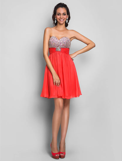 A-Line Cute Dress Wedding Guest Short / Mini Sleeveless Sweetheart Pink Dress Chiffon with Ruched Crystals Beading