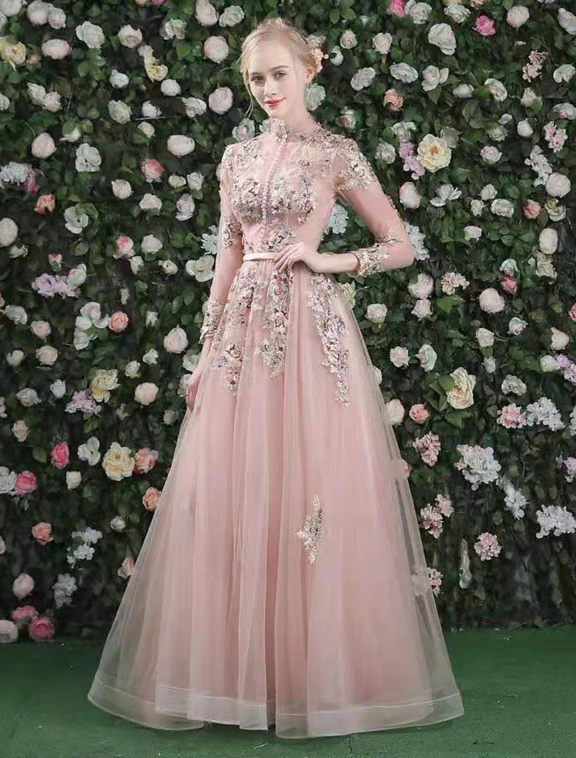 A-Line Cut Out Floral Prom Formal Evening Dress High Neck Long Sleeve Floor Length Organza with Embroidery