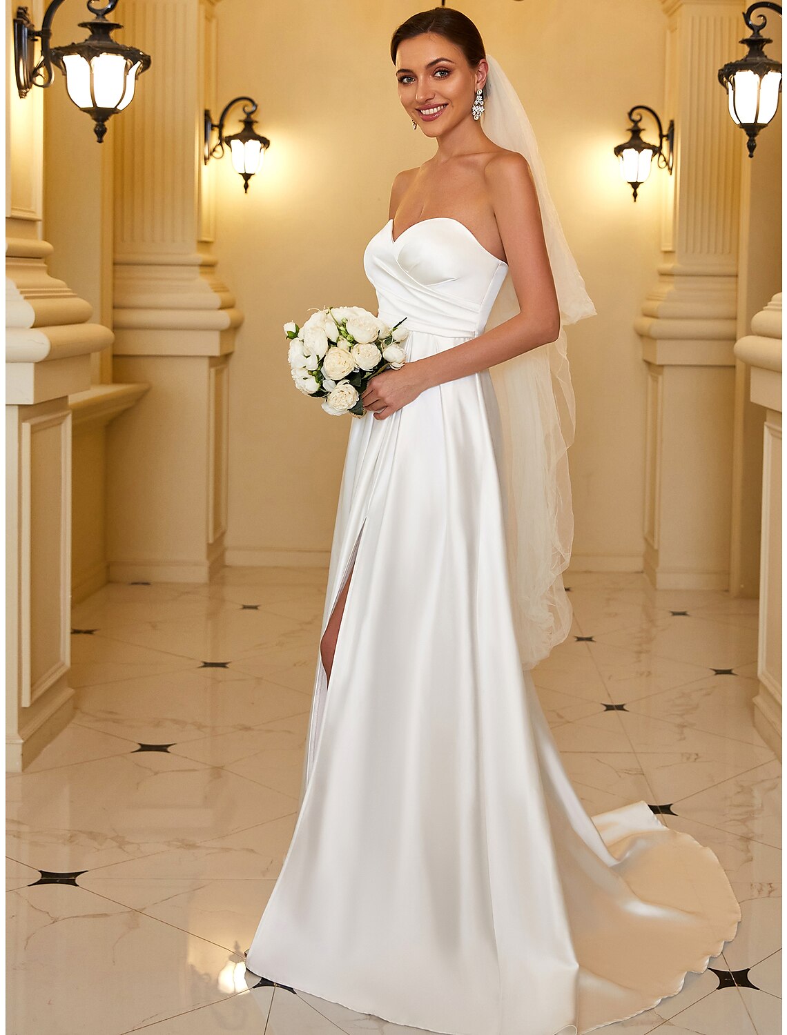 A-Line Evening Gown Minimalist Dress Wedding Guest Floor Length Sleeveless Strapless Satin Backless with Sleek Pure Color