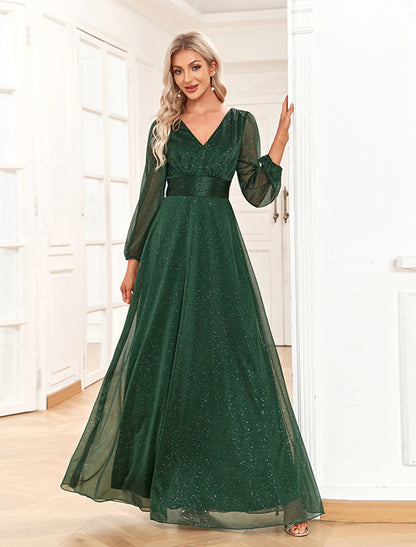 A-Line Evening Gown Elegant Dress Formal Floor Length Long Sleeve V Neck Chiffon with Sequin