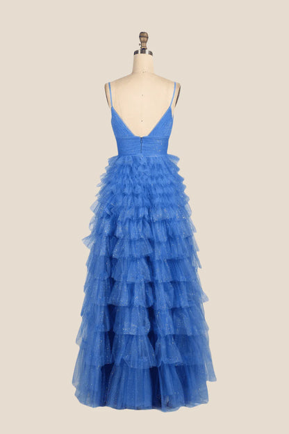 V-neck Blue Ruffles Tiered Long Prom Dress with Slit