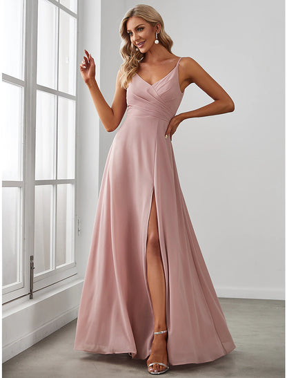 A-Line Bridesmaid Dress V Neck Sleeveless Elegant Floor Length Chiffon with Draping / Solid Color