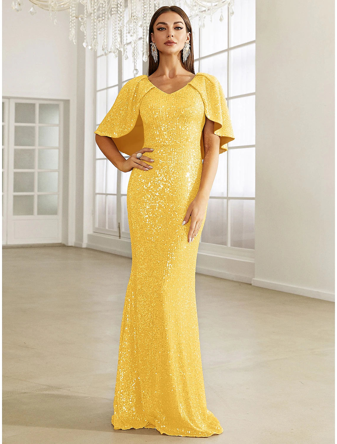 Mermaid / Trumpet Evening Gown Sparkle & Shine Dress Formal Fall Sweep / Brush Train Half Sleeve V Neck Sequined with Glitter