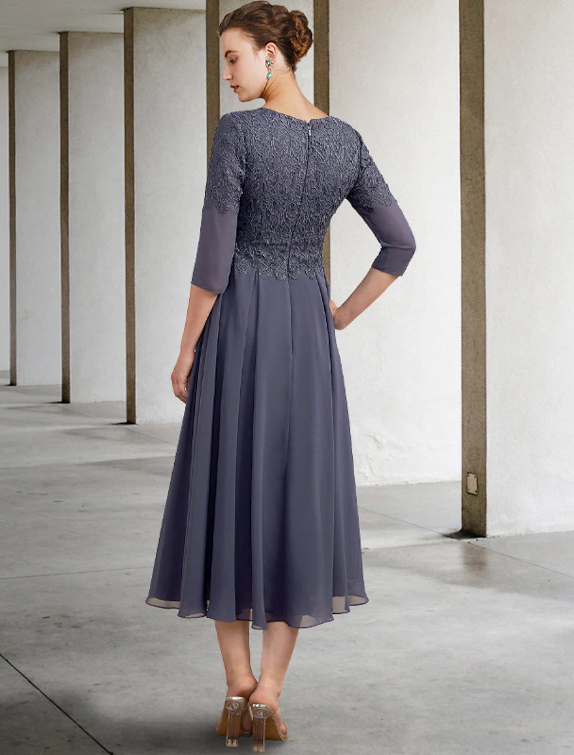 A-Line Mother of the Bride Dress Fall Wedding Guest Plus Size Elegant V Neck Tea Length Chiffon Lace 3/4 Length Sleeve with Ruffles Appliques 2023