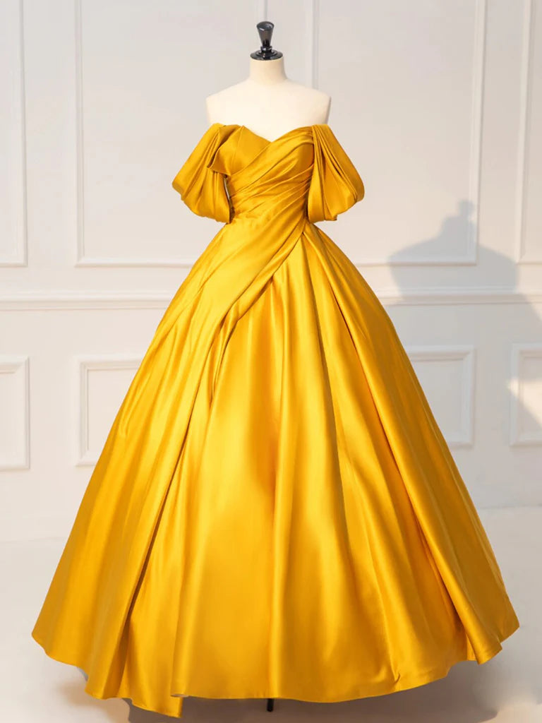 Yellow Off Shoulder Satin Long Prom Dress