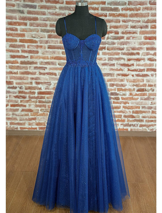 A-Line Prom Dresses Sparkle & Shine Dress Prom Floor Length Sleeveless Sweetheart Tulle Backless with Pleats Appliques