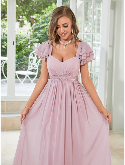 A-Line Wedding Guest Dresses Elegant Dress Party Wear Floor Length Short Sleeve Square Neck Chiffon with Ruffles