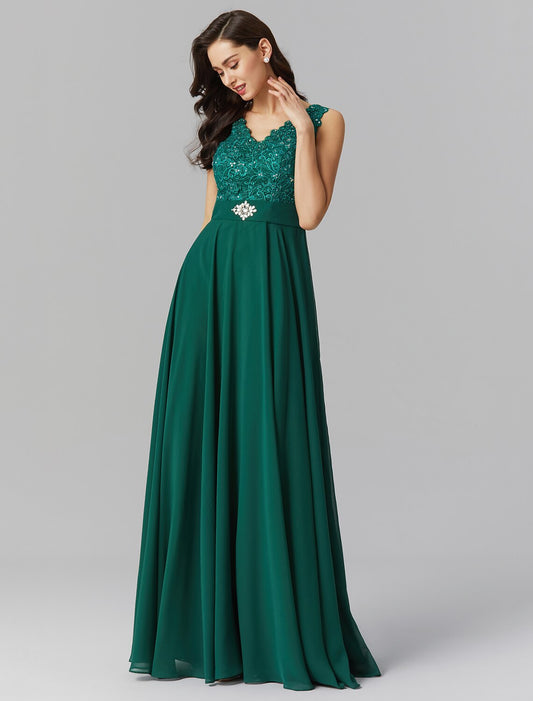 A-Line Elegant Dress Wedding Guest Formal Evening Floor Length Sleeveless V Neck Chiffon V Back with Sash / Ribbon Beading