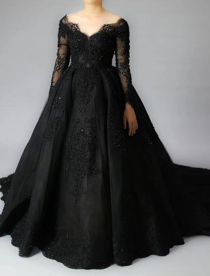 Reception Gothic Black Wedding Dresses Formal Ball Gown V Neck Long Sleeve Chapel Train Lace Bridal Gowns With Pleats Appliques Summer Fall Halloween Wedding Party