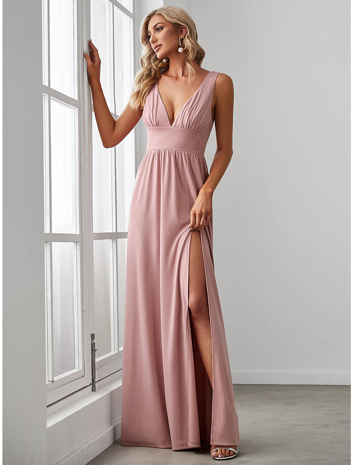 A-Line Prom Dresses High Split Dress Wedding Guest Floor Length Sleeveless V Neck Chiffon V Back with Slit Pure Color