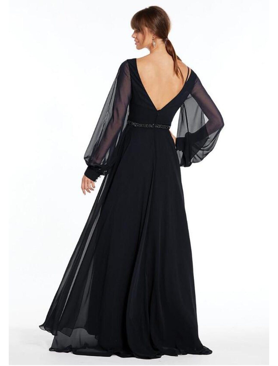 A-Line Evening Gown Empire Dress Holiday Formal Evening Floor Length Long Sleeve V Neck Chiffon V Back with Beading