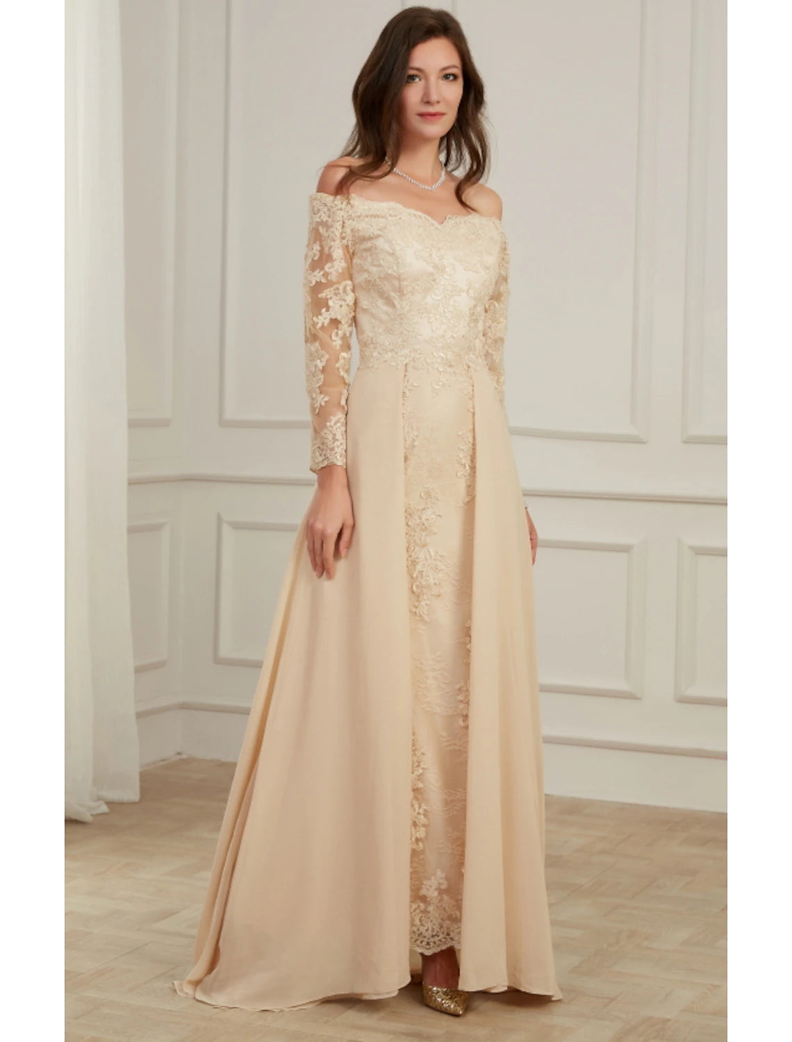 A-Line Evening Gown Elegant Dress Wedding Guest Formal Evening Floor Length Long Sleeve Off Shoulder Polyester with Overskirt Appliques