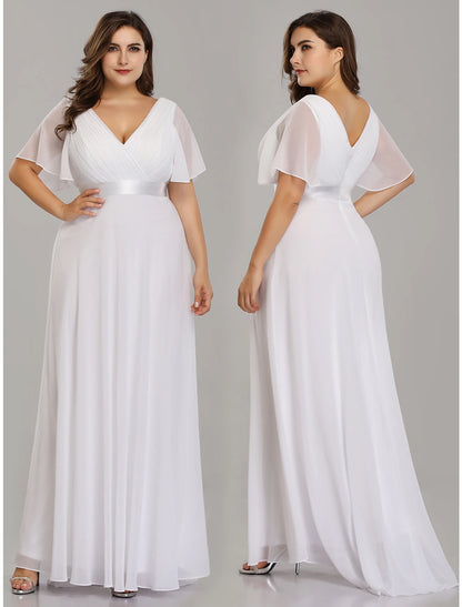 A-Line Empire Fall Wedding Guest Dress For Bridesmaid Plus Size Formal Evening Dress V Neck Short Sleeve Floor Length Chiffon with Pleats Ruched