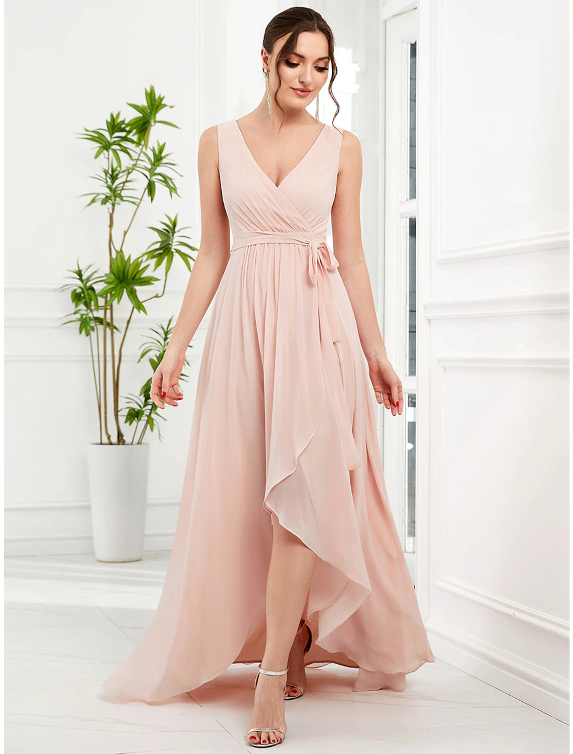 A-Line Wedding Guest Dresses Elegant Dress Party Wear Asymmetrical Sleeveless Spaghetti Strap Chiffon with Ruffles Slit