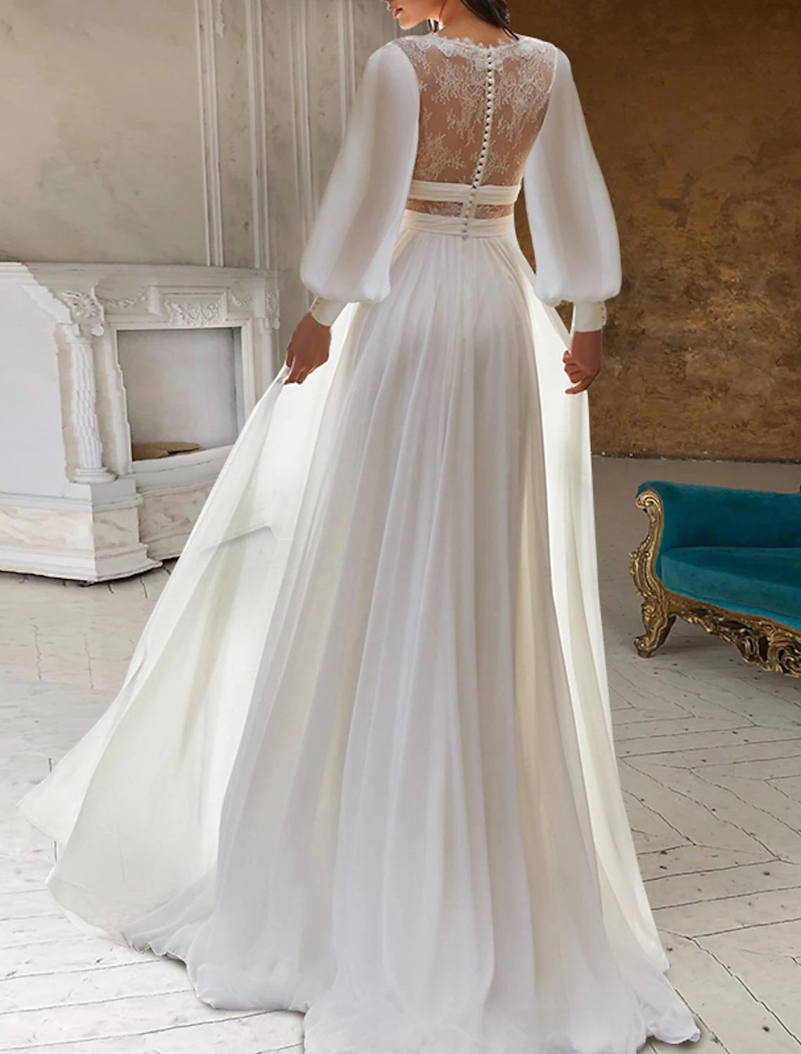 Beach Open Back Boho Wedding Dresses A-Line V Neck Long Sleeve Floor Length Chiffon Bridal Gowns With Appliques Solid Color