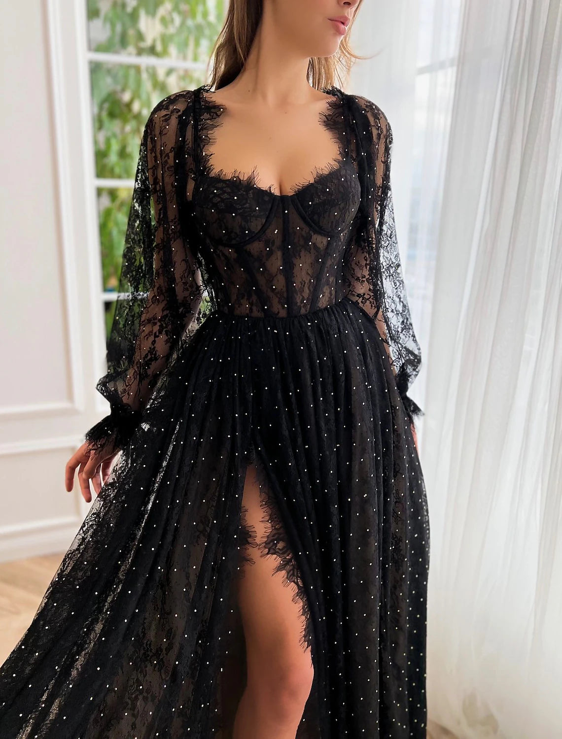 A-Line Prom Black Dress Vintage Dress Masquerade Floor Length Long Sleeve Strapless Wednesday Addams Family Lace Crisscross Back with Embroidery