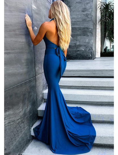 Mermaid / Trumpet Evening Gown Empire Dress Prom Wedding Party Court Train Sleeveless V Neck Stretch Fabric with Pleats