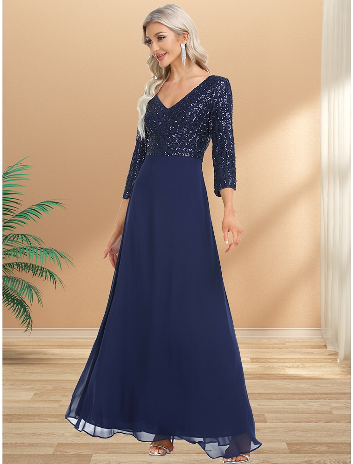 A-Line Evening Gown Plus Size Dress Wedding Guest Floor Length 3/4 Length Sleeve V Neck Chiffon V Back with Sequin