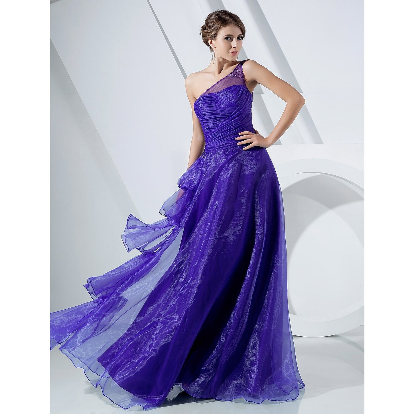 A-Line Elegant Dress Formal Evening Military Ball Floor Length Sleeveless One Shoulder Organza with Side Draping Cascading Ruffles