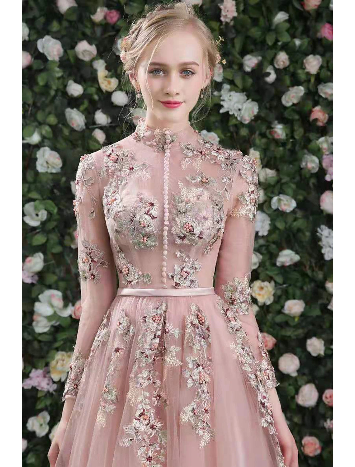 A-Line Cut Out Floral Prom Formal Evening Dress High Neck Long Sleeve Floor Length Organza with Embroidery