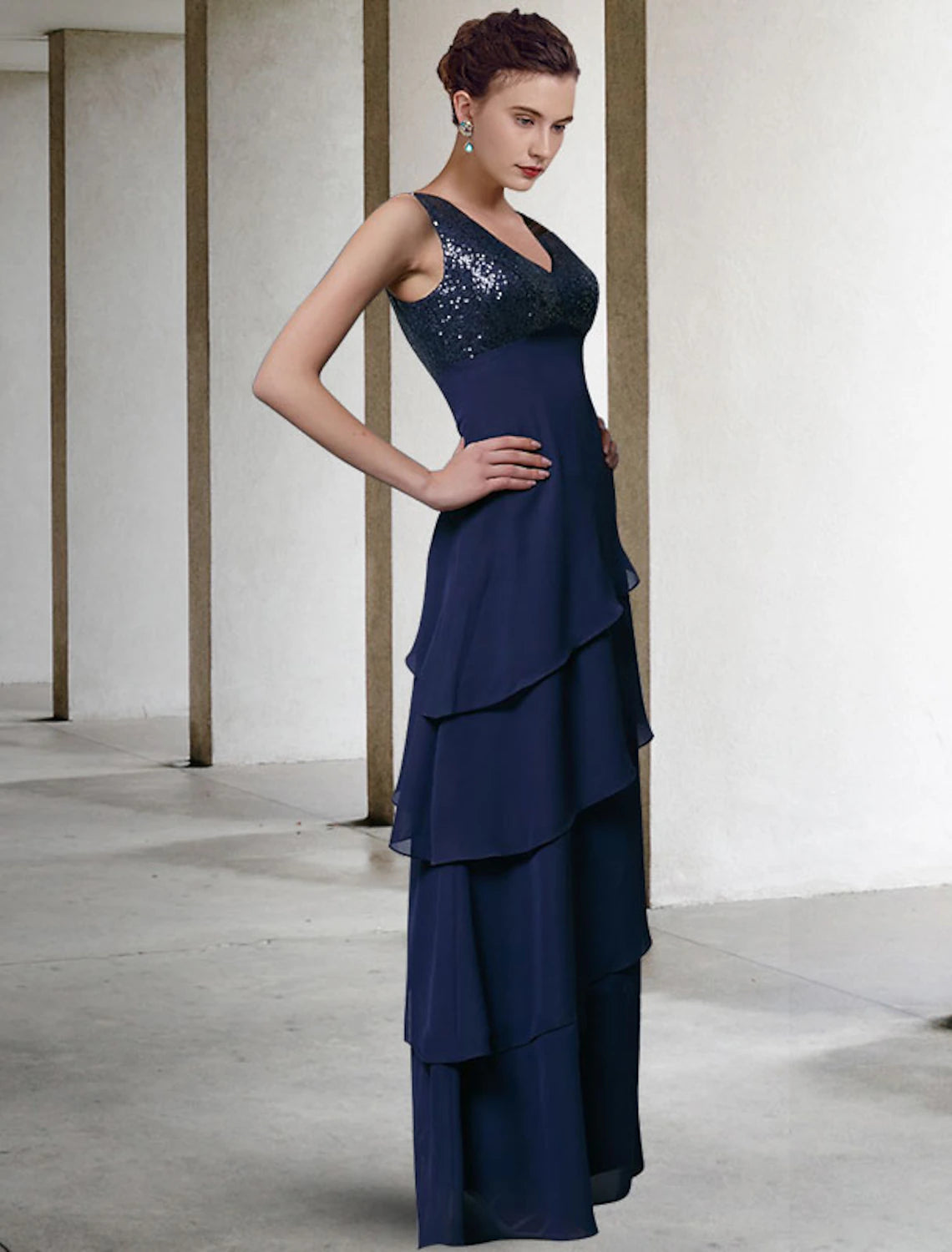 A-Line Mother of the Bride Dress Elegant V Neck Floor Length Chiffon Sequined Sleeveless Wrap Included with Sequin Ruffles