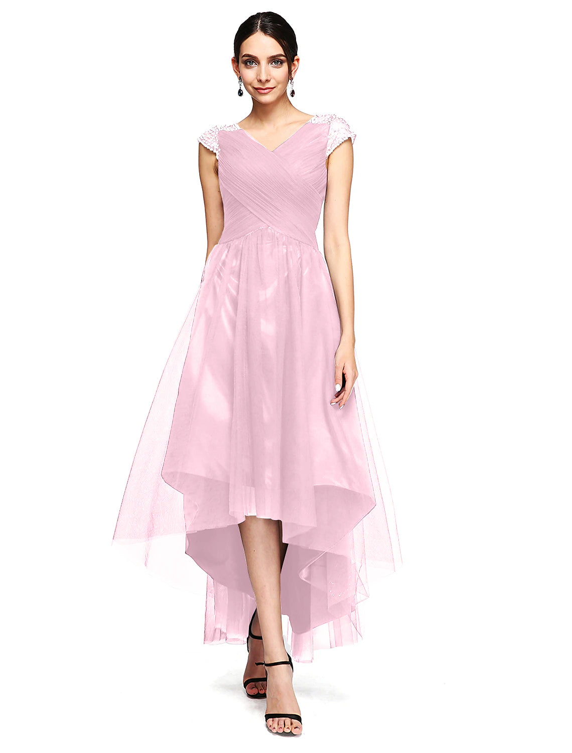 A-Line Special Occasion Dresses Open Back Dress Wedding Guest Prom Asymmetrical Short Sleeve V Neck Tulle with Criss Cross Beading