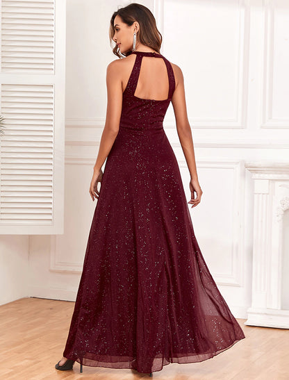 A-Line Evening Gown Empire Dress Evening Party Wedding Reception Floor Length Sleeveless Halter Neck Polyester Backless V Back with Glitter