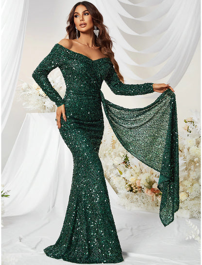 Mermaid / Trumpet Evening Gown Sparkle & Shine Dress Formal Cocktail Party Sweep / Brush Train Long Sleeve Off Shoulder Polyester with Sequin