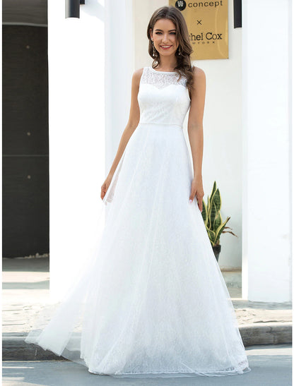 Beach Wedding Dresses A-Line Scoop Neck Sleeveless Floor Length Lace Bridal Gowns With Lace Summer Wedding Party