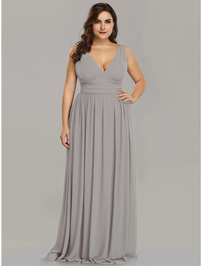 A-Line Plus Size Wedding Guest Formal Evening Dress V Neck V Back Sleeveless Floor Length Chiffon with Pleats