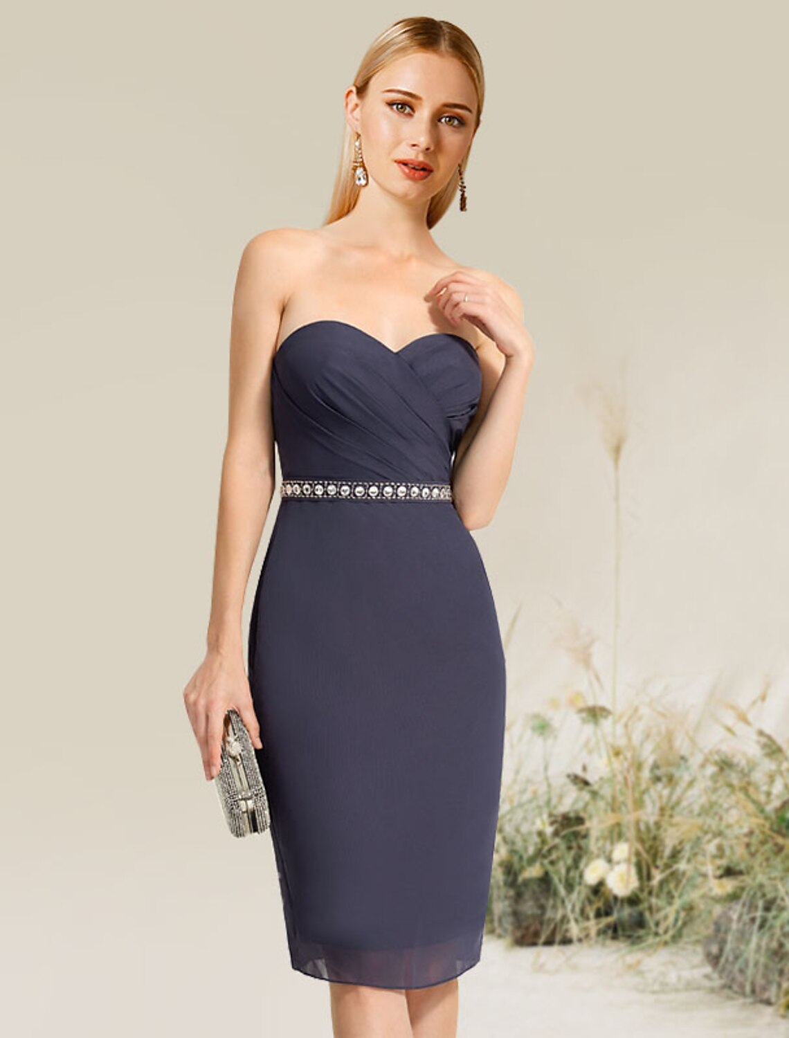 Sheath / Column Cocktail Dresses Minimalist Dress Party Wear Knee Length Sleeveless Jewel Neck Chiffon with Sleek main image 1