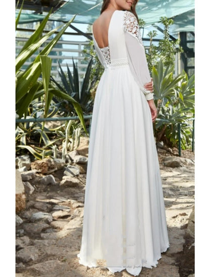 Beach Boho Wedding Dresses A-Line V Neck Long Sleeve Floor Length Chiffon Bridal Gowns With Appliques Solid Color