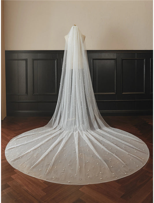 One-tier Pearls Wedding Veil Cathedral Veils with Faux Pearl 118.11 in (300cm) Tulle