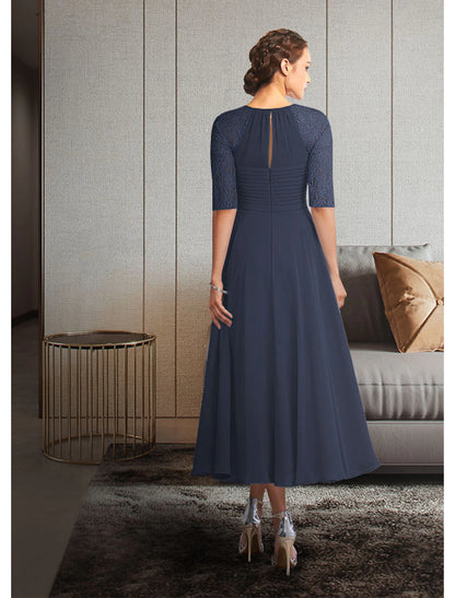 A-Line Mother of the Bride Dress Elegant Jewel Neck Tea Length Chiffon Lace Half Sleeve with Pleats Ruching