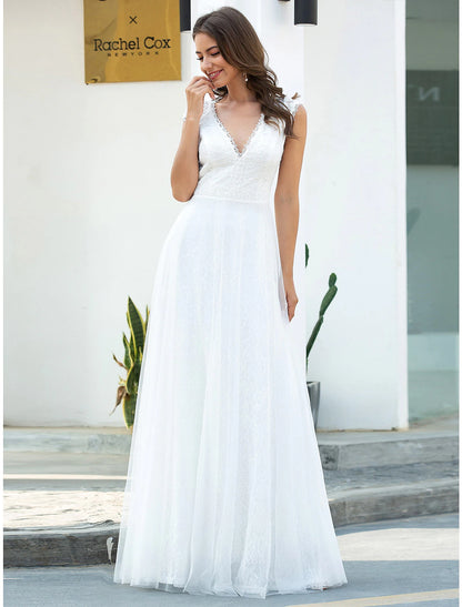 Beach Wedding Dresses A-Line V Neck Cap Sleeve Floor Length Lace Brida ...