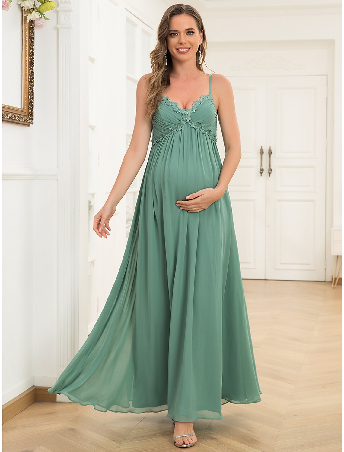 A-Line Evening Gown Maternity Dress Wedding Guest Floor Length Sleeveless V Neck Chiffon V Back with Draping