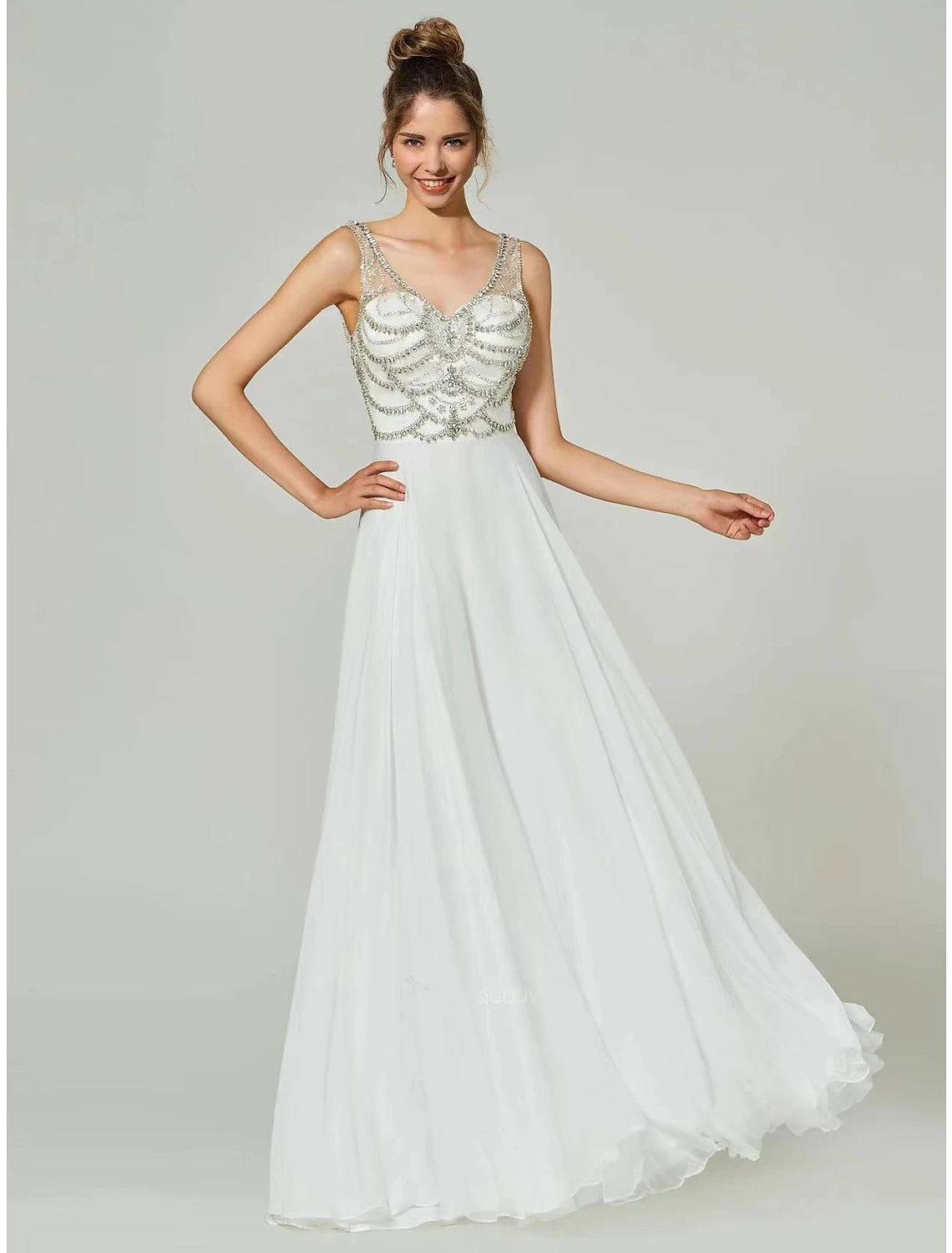 A-Line Evening Gown Open Back Dress Formal Wedding Party Floor Length Sleeveless V Neck Chiffon with Rhinestone