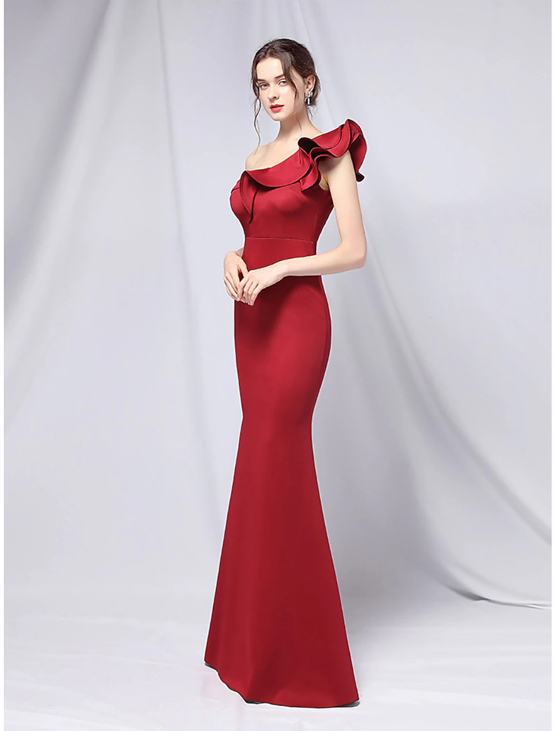 Mermaid / Trumpet Evening Gown Empire Dress Wedding Guest Floor Length Short Sleeve One Shoulder Stretch Satin with Ruffles