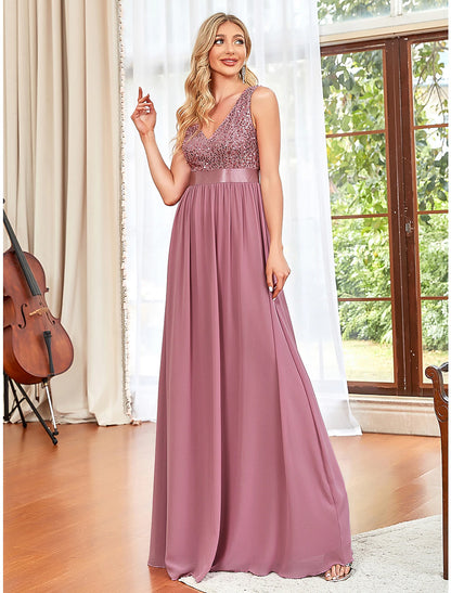 A-Line Prom Dresses Elegant Dress Wedding Guest Floor Length Sleeveless V Neck Chiffon V Back with Draping Pure Color