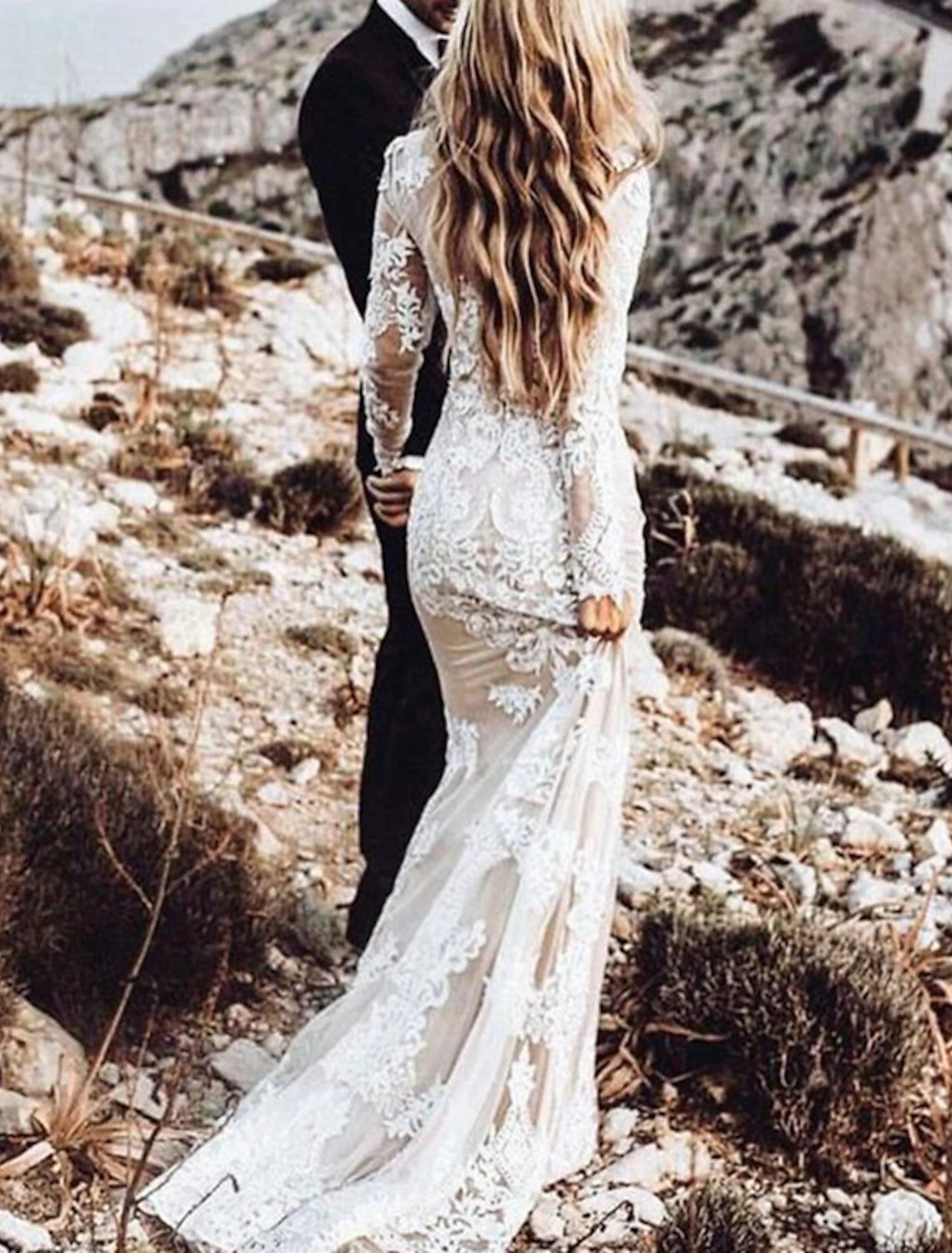 Beach Wedding Dresses in Color Boho Wedding Dresses Mermaid / Trumpet Scoop Neck Long Sleeve Court Train Lace Bridal Gowns With Appliques