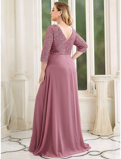 A-Line Evening Gown Plus Size Dress Wedding Guest Floor Length 3/4 Length Sleeve V Neck Chiffon V Back with Sequin