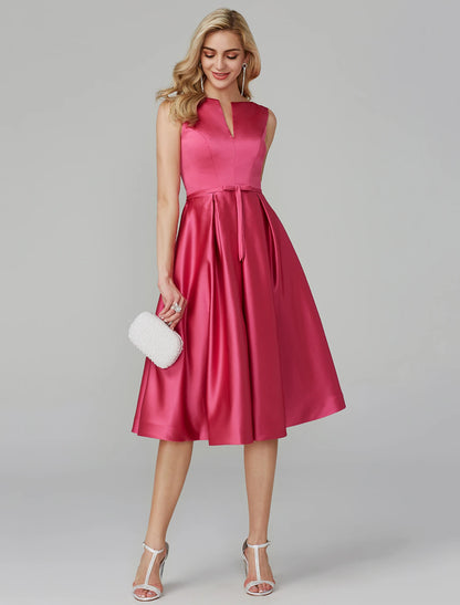 A-Line Party Dress Wedding Guest Knee Length Sleeveless V Wire Pink Dress Satin with Sash / Ribbon