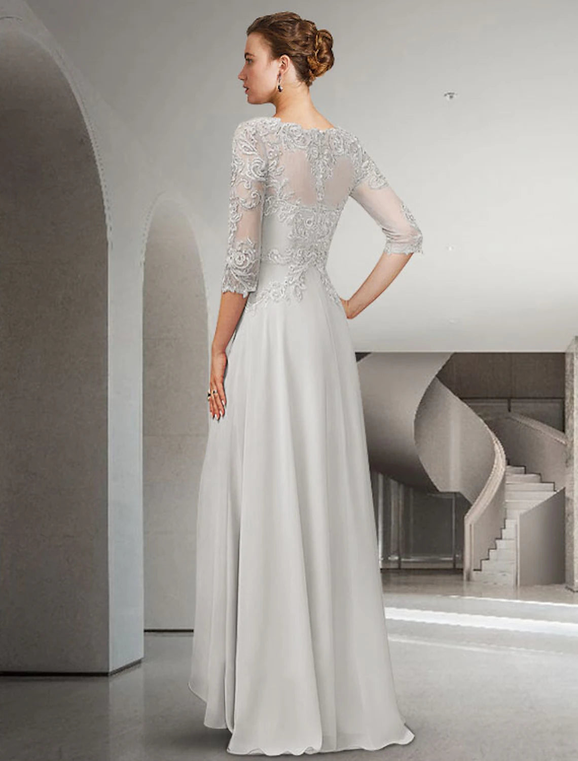 A-Line Mother of the Bride Dress Elegant High Low Jewel Neck Sweep / Brush Train Asymmetrical Chiffon Lace 3/4 Length Sleeve with Pleats Appliques