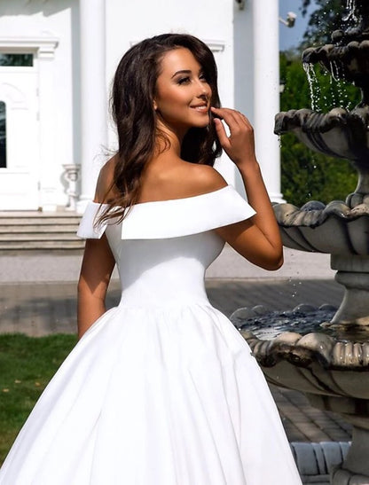 Formal Wedding Dresses Ball Gown Off Shoulder Cap Sleeve Chapel Train Satin Bridal Gowns With Pleats Summer Wedding Party