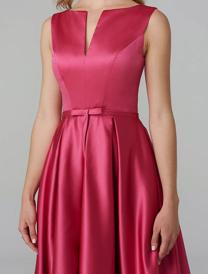 A-Line Party Dress Wedding Guest Knee Length Sleeveless V Wire Pink Dress Satin with Sash / Ribbon